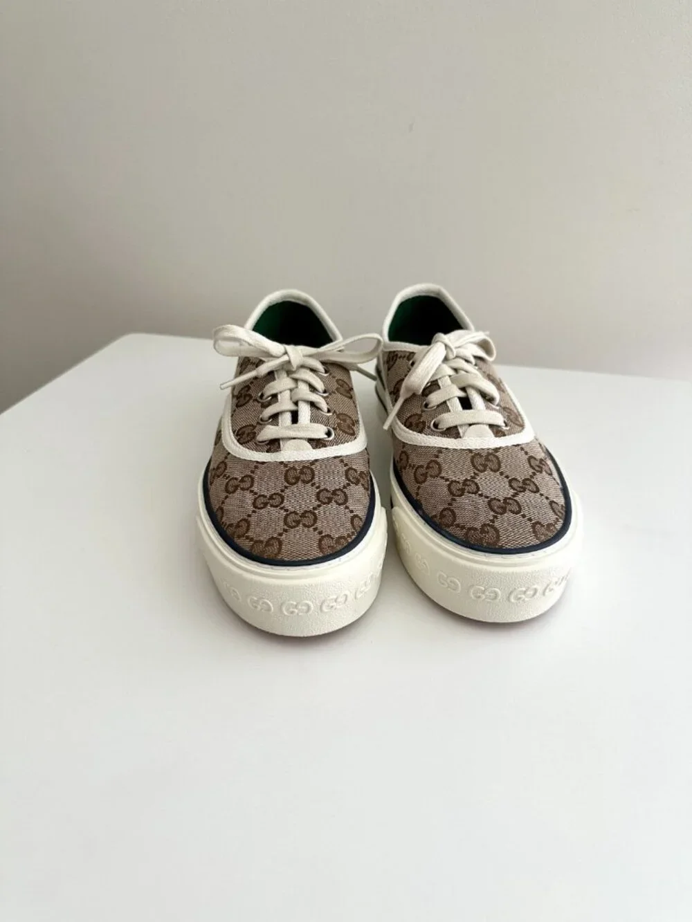 Women's GUCCI GG Logo Brown Canvas Tennis 1977 Platform Sneakers Size 37 - Picture 2 of 12